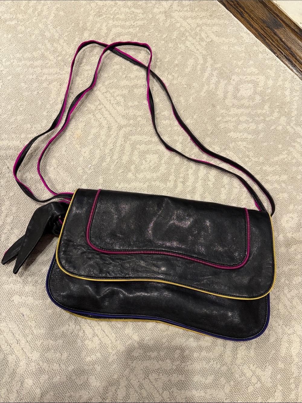 Kooba Black Crossbody Bag with Pink, Yellow and Blue Trim